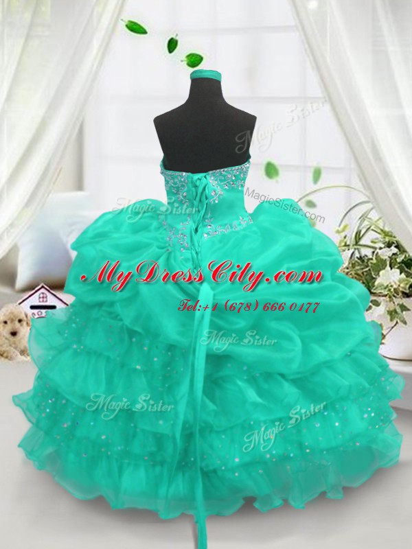 Sleeveless Floor Length Beading and Ruffled Layers and Pick Ups Lace Up Little Girls Pageant Dress Wholesale with Turquoise