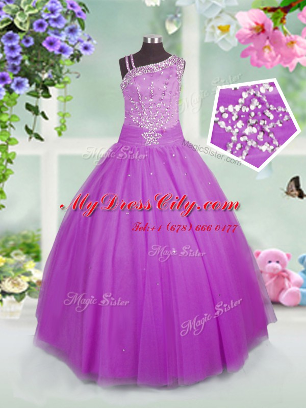 Lilac Asymmetric Neckline Beading Party Dress for Girls Sleeveless Lace Up