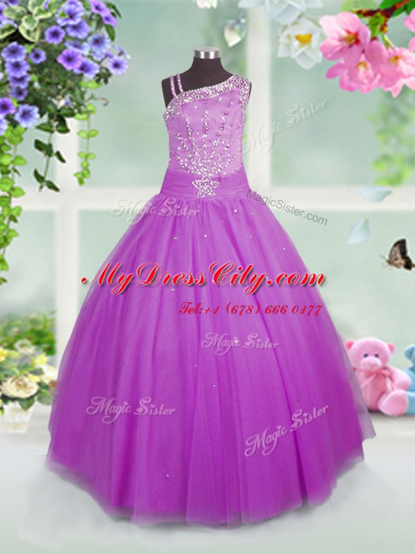 Lilac Asymmetric Neckline Beading Party Dress for Girls Sleeveless Lace Up