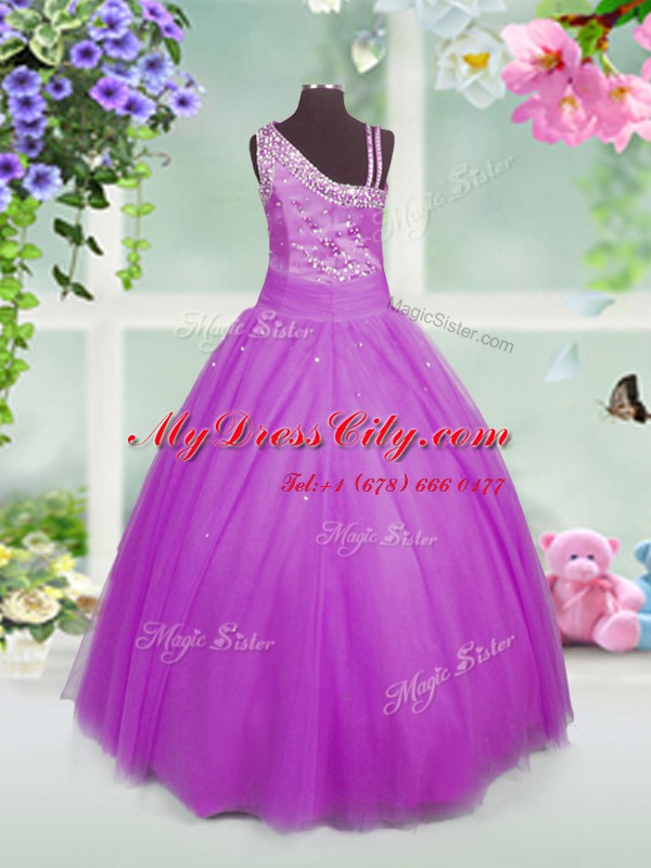 Lilac Asymmetric Neckline Beading Party Dress for Girls Sleeveless Lace Up