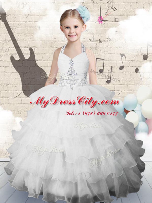 White Organza Lace Up Halter Top Sleeveless Floor Length Kids Formal Wear Beading and Ruffled Layers