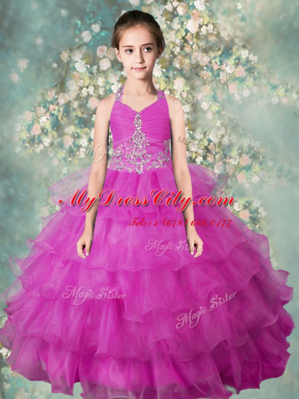 Amazing Fuchsia Pageant Gowns For Girls Party and Wedding Party and For with Beading and Ruffled Layers Halter Top Sleeveless Zipper