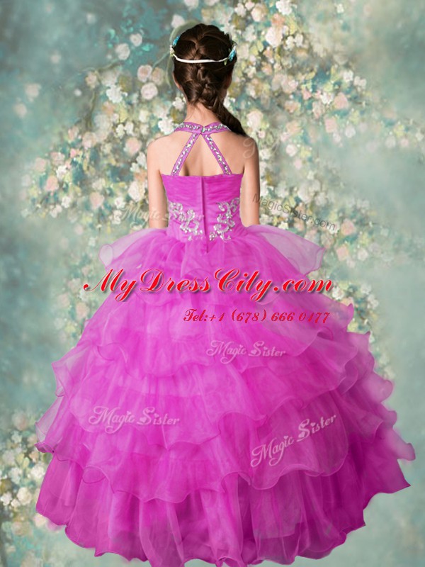 Amazing Fuchsia Pageant Gowns For Girls Party and Wedding Party and For with Beading and Ruffled Layers Halter Top Sleeveless Zipper