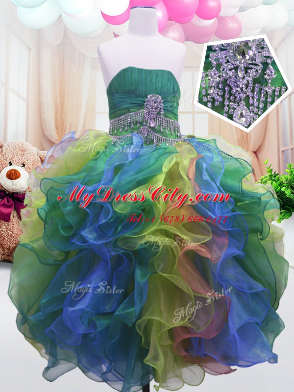 Sleeveless Floor Length Beading and Ruffles Zipper Kids Pageant Dress with Multi-color