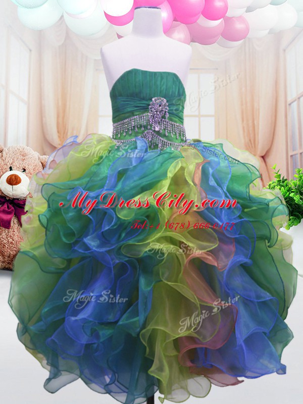 Sleeveless Floor Length Beading and Ruffles Zipper Kids Pageant Dress with Multi-color