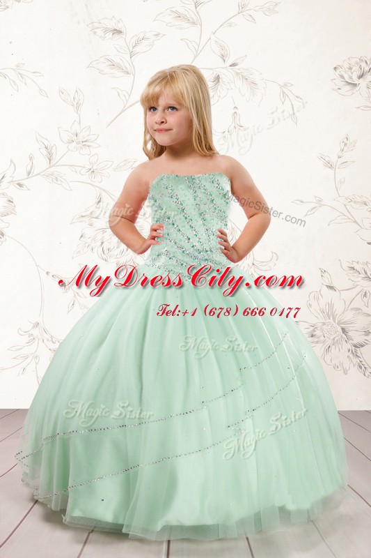 Dazzling Sleeveless Floor Length Beading Lace Up Pageant Dress for Teens with Apple Green