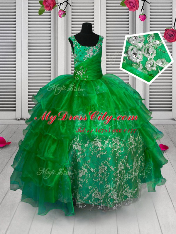 Ruffled Straps Sleeveless Lace Up Party Dresses Green Organza