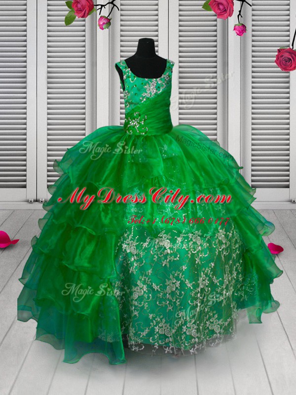 Ruffled Straps Sleeveless Lace Up Party Dresses Green Organza