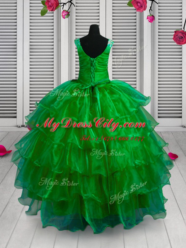 Ruffled Straps Sleeveless Lace Up Party Dresses Green Organza