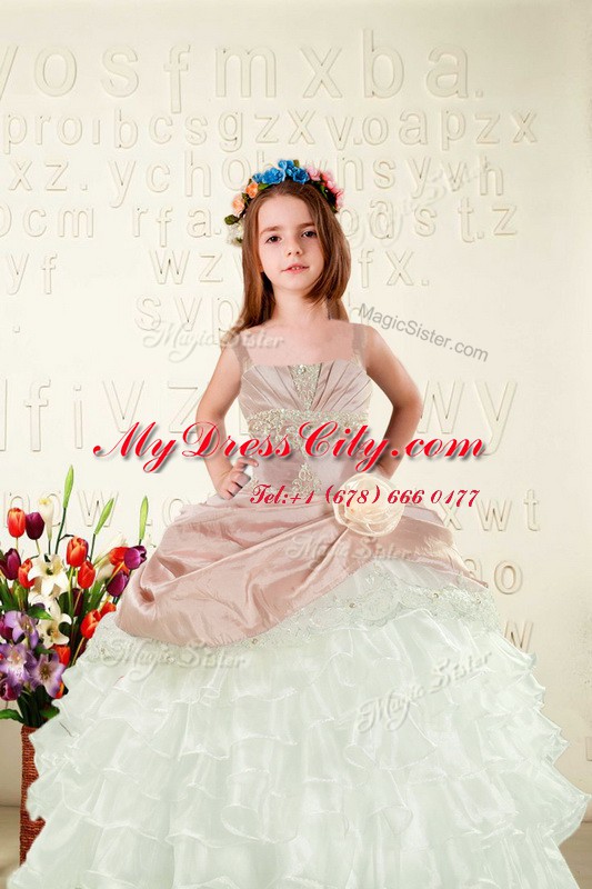 High Class Peach Ball Gowns Organza Straps Sleeveless Beading and Ruffled Layers and Hand Made Flower Floor Length Lace Up Kids Pageant Dress