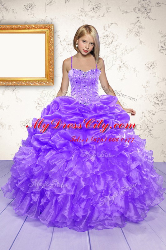 Eye-catching Pick Ups Floor Length Eggplant Purple Little Girls Pageant Dress Spaghetti Straps Sleeveless Lace Up