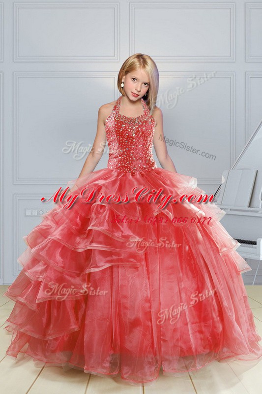 Most Popular Halter Top Sleeveless Lace Up Floor Length Beading and Ruffles Little Girls Pageant Dress