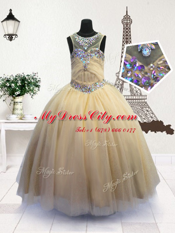 Attractive Light Yellow Ball Gowns Organza Scoop Sleeveless Beading Floor Length Zipper Pageant Dress