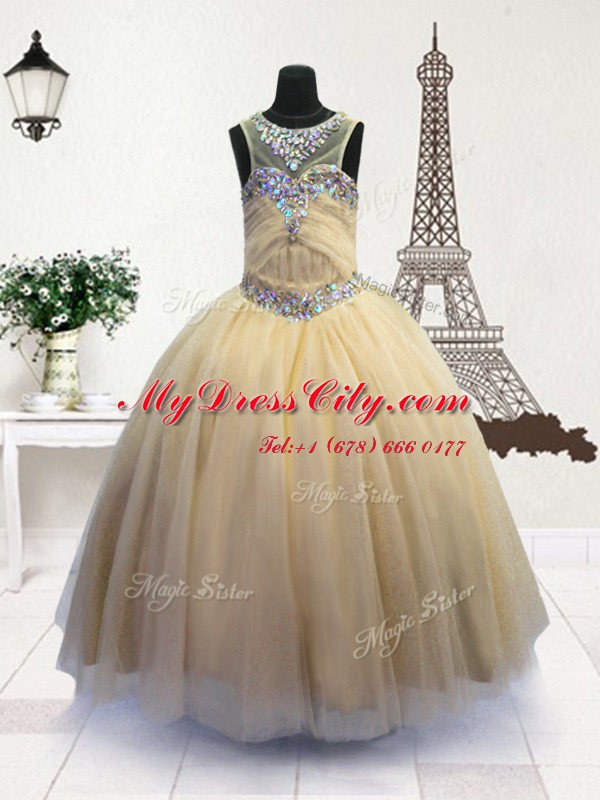 Attractive Light Yellow Ball Gowns Organza Scoop Sleeveless Beading Floor Length Zipper Pageant Dress