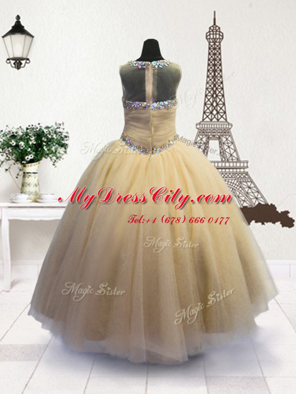 Attractive Light Yellow Ball Gowns Organza Scoop Sleeveless Beading Floor Length Zipper Pageant Dress