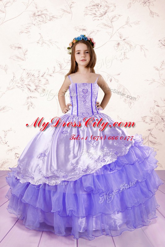 Adorable Lavender Party Dress for Girls Military Ball and Sweet 16 and Quinceanera and For with Embroidery and Ruffled Layers Spaghetti Straps Sleeveless Lace Up