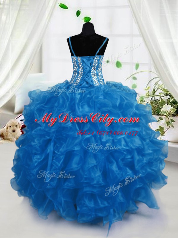 Floor Length Lace Up Kids Formal Wear Blue for Party and Wedding Party with Beading and Ruffles