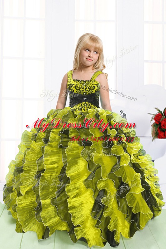 Light Yellow Lace Up Straps Beading and Ruffles Party Dress for Girls Organza Sleeveless