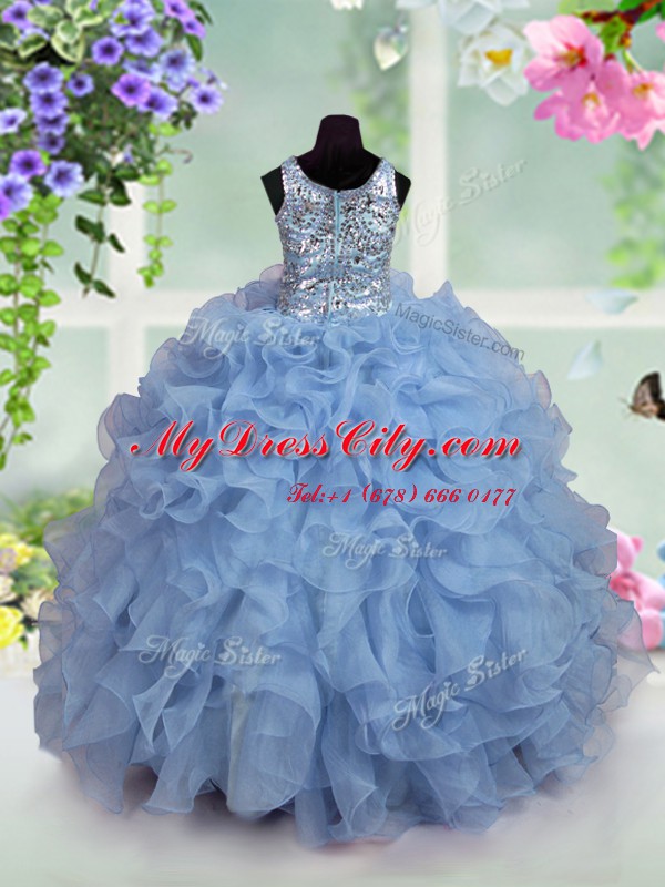 Luxurious Scoop Sleeveless Zipper Floor Length Ruffles and Sequins Little Girls Pageant Gowns