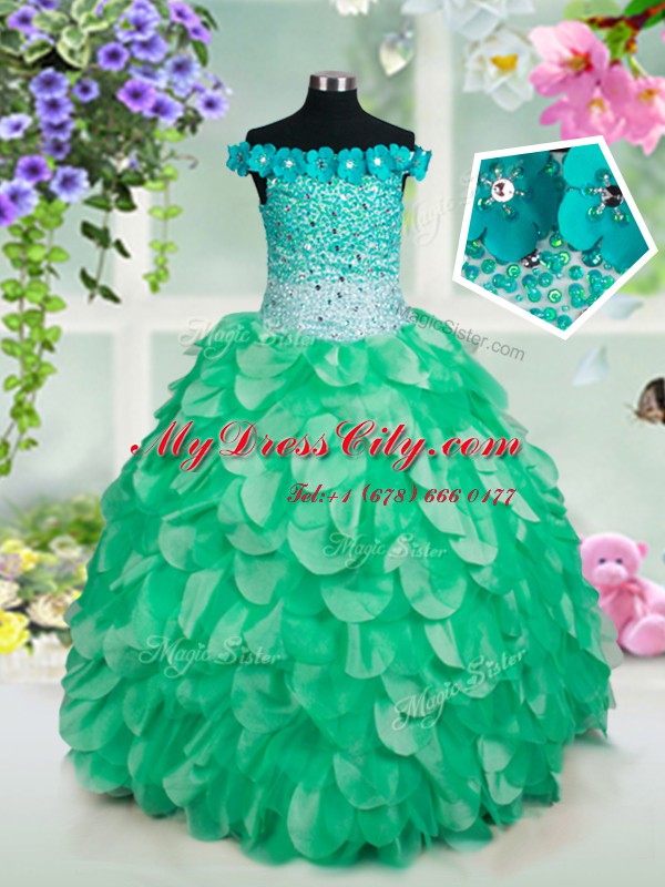 High Class Off the Shoulder Green Organza Lace Up Womens Party Dresses Sleeveless Floor Length Beading and Hand Made Flower