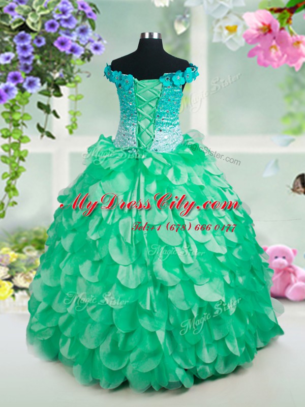 High Class Off the Shoulder Green Organza Lace Up Womens Party Dresses Sleeveless Floor Length Beading and Hand Made Flower