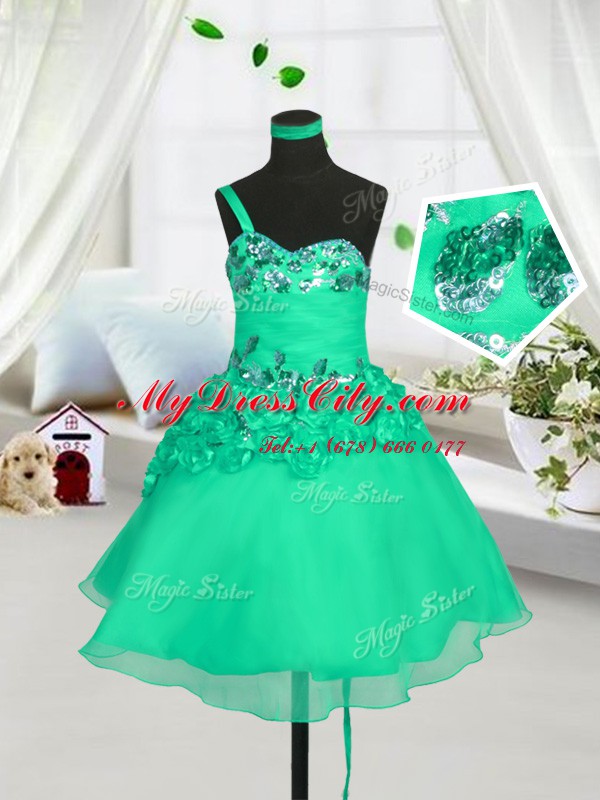 Turquoise Lace Up One Shoulder Beading and Hand Made Flower Kids Pageant Dress Organza Sleeveless