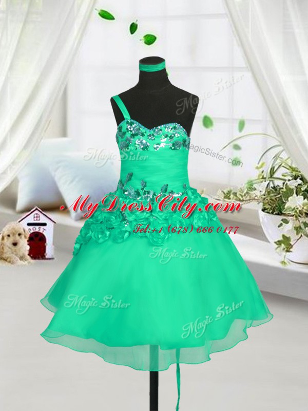 Turquoise Lace Up One Shoulder Beading and Hand Made Flower Kids Pageant Dress Organza Sleeveless