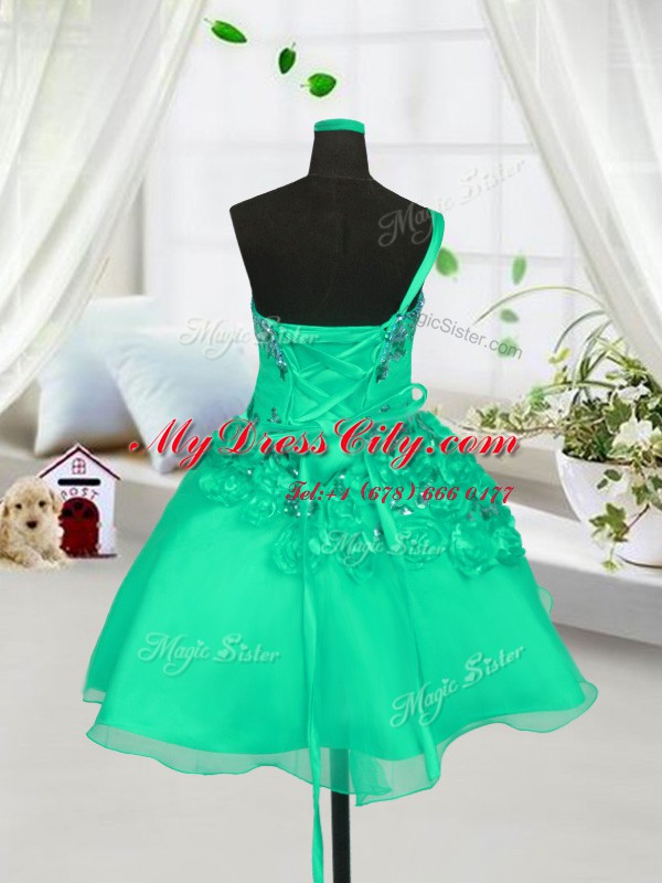 Turquoise Lace Up One Shoulder Beading and Hand Made Flower Kids Pageant Dress Organza Sleeveless