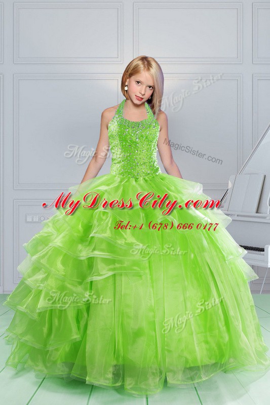 Halter Top Floor Length Lace Up Little Girls Pageant Gowns Apple Green for Military Ball and Sweet 16 and Quinceanera with Beading and Ruching