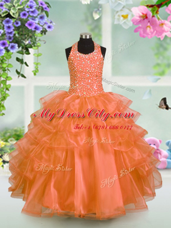 Halter Top Beading and Ruffled Layers Evening Gowns Orange Lace Up Sleeveless Floor Length