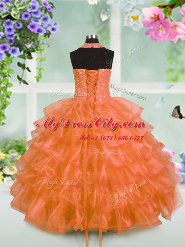 Halter Top Beading and Ruffled Layers Evening Gowns Orange Lace Up Sleeveless Floor Length