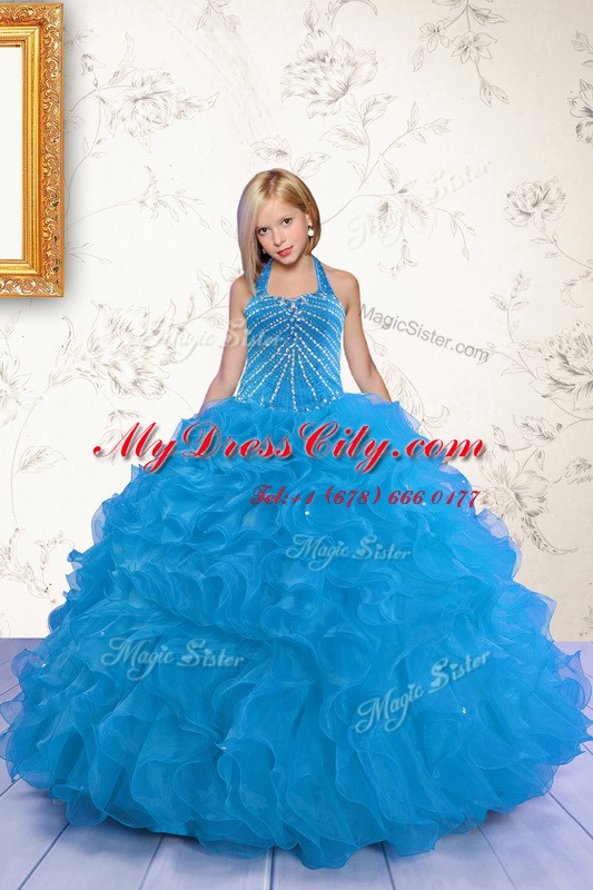 Customized Mermaid Aqua Blue Lace Up Halter Top Beading and Ruffles Pageant Dresses Organza Sleeveless