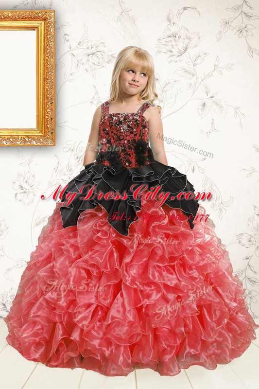 Pretty Floor Length Black and Orange Pageant Dress Wholesale Organza Sleeveless Beading and Ruffles