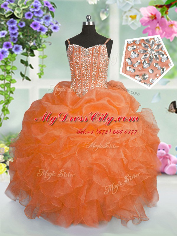 Most Popular Pick Ups Ball Gowns Little Girl Pageant Dress Orange Spaghetti Straps Organza Sleeveless Floor Length Lace Up