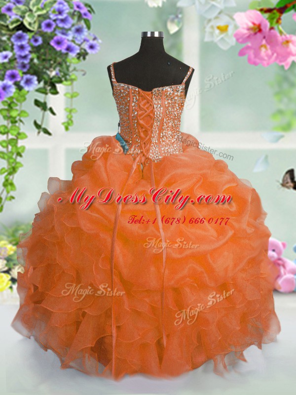 Most Popular Pick Ups Ball Gowns Little Girl Pageant Dress Orange Spaghetti Straps Organza Sleeveless Floor Length Lace Up