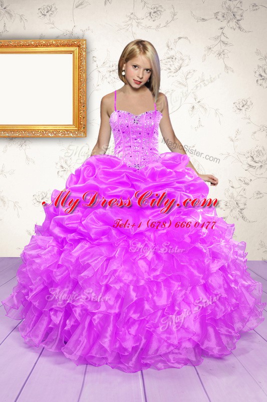 Custom Made Hot Pink Organza Lace Up Winning Pageant Gowns Sleeveless Floor Length Beading and Ruffles and Pick Ups