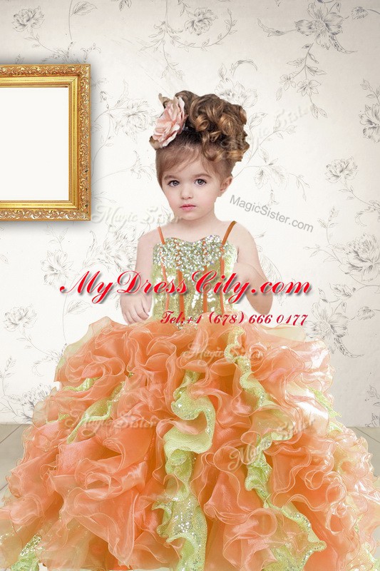 Attractive Multi-color Spaghetti Straps Neckline Beading and Ruffles and Sequins Pageant Dress Toddler Sleeveless Lace Up