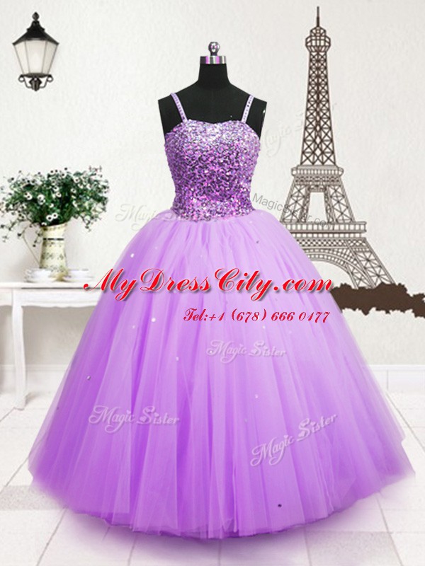 Charming Lavender Ball Gowns Spaghetti Straps Sleeveless Tulle Floor Length Zipper Beading and Sequins Custom Made