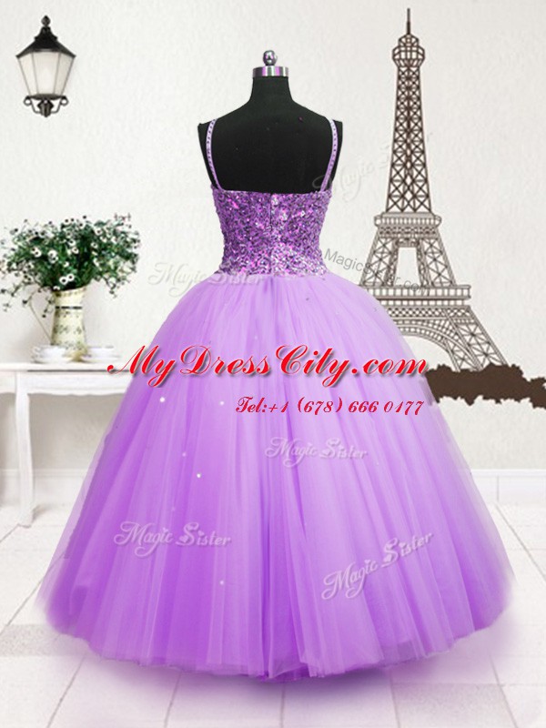 Charming Lavender Ball Gowns Spaghetti Straps Sleeveless Tulle Floor Length Zipper Beading and Sequins Custom Made