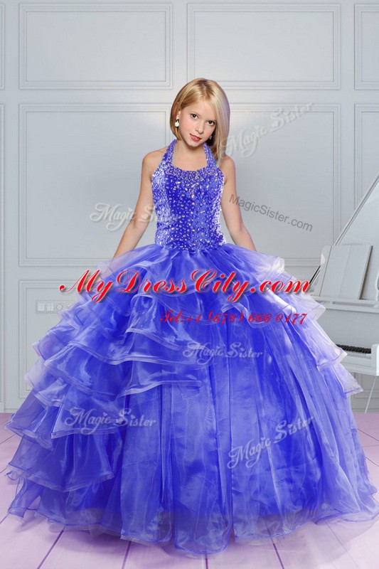 Adorable Ball Gowns Kids Formal Wear Blue Halter Top Organza Sleeveless Floor Length Lace Up