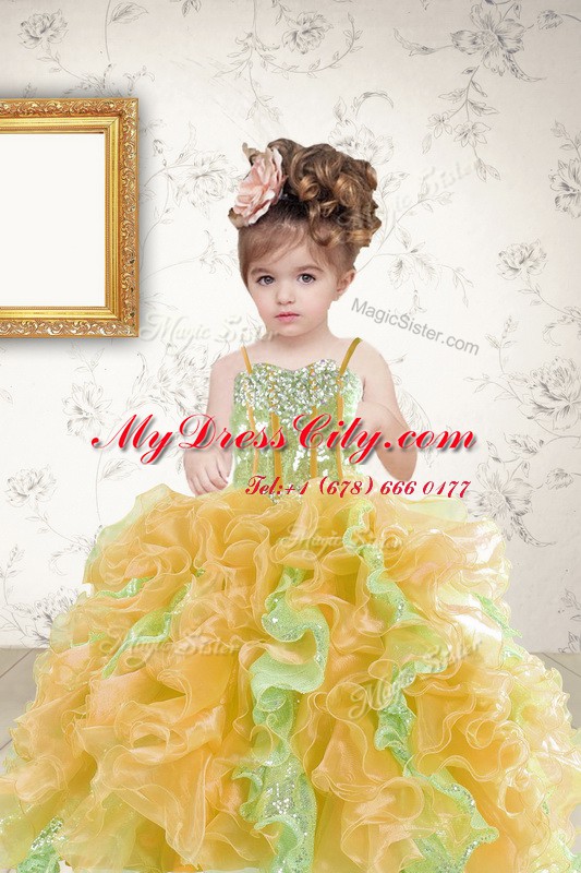 Elegant Multi-color Lace Up Spaghetti Straps Beading and Ruffles and Sequins Little Girl Pageant Dress Organza Sleeveless