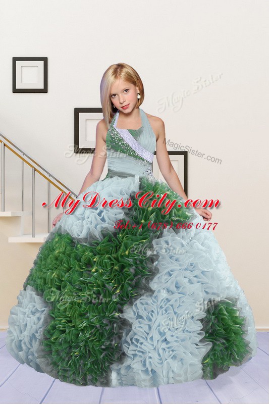 High End Green and Light Blue Halter Top Lace Up Beading and Ruffles Kids Pageant Dress Sleeveless