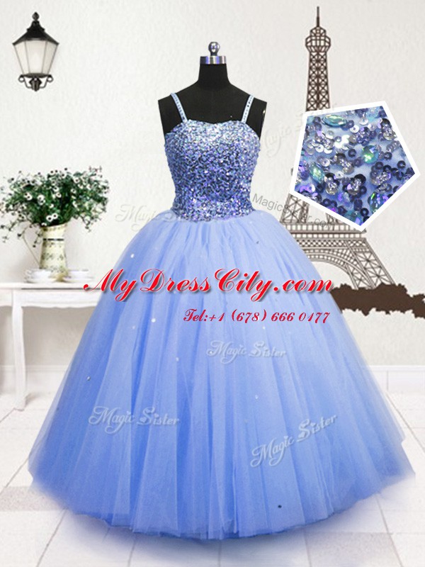 Latest Sequins Floor Length Ball Gowns Sleeveless Light Blue Little Girl Pageant Gowns Zipper