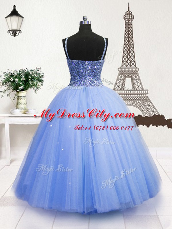 Latest Sequins Floor Length Ball Gowns Sleeveless Light Blue Little Girl Pageant Gowns Zipper