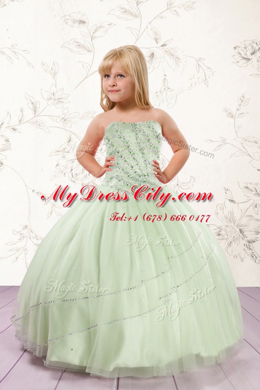 Latest Apple Green Ball Gowns Strapless Sleeveless Tulle Floor Length Lace Up Beading Teens Party Dress