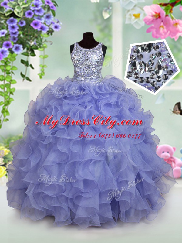 Inexpensive Scoop Sleeveless Party Dress for Girls Floor Length Ruffles and Sequins Light Blue Organza