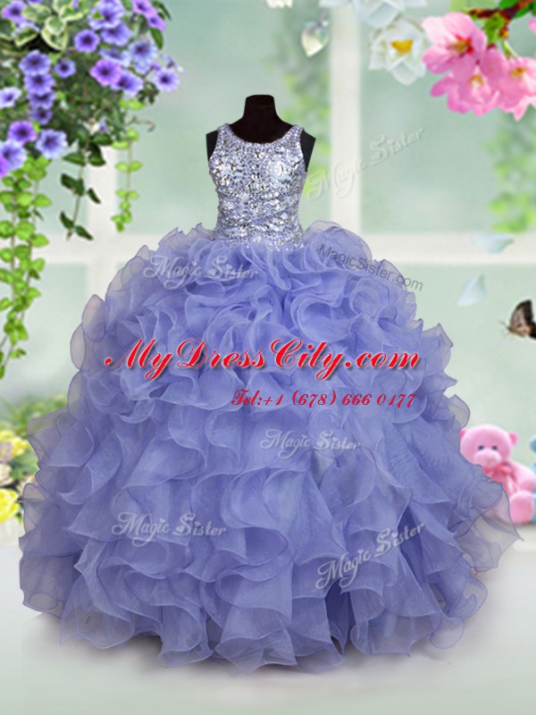 Inexpensive Scoop Sleeveless Party Dress for Girls Floor Length Ruffles and Sequins Light Blue Organza