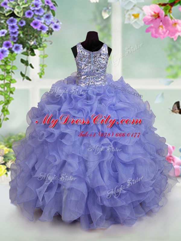 Inexpensive Scoop Sleeveless Party Dress for Girls Floor Length Ruffles and Sequins Light Blue Organza