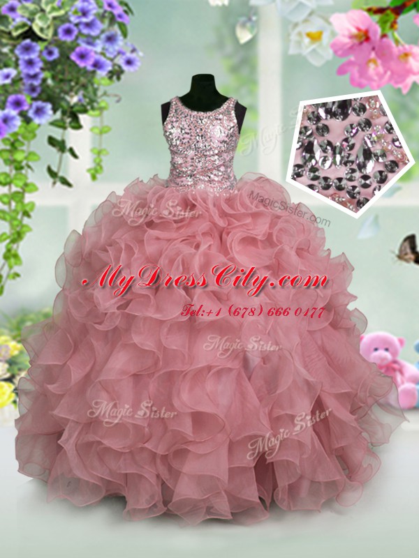 High End Scoop Pink Sleeveless Ruffles and Sequins Floor Length Winning Pageant Gowns