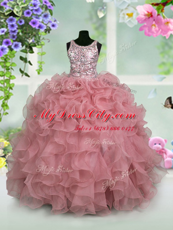 High End Scoop Pink Sleeveless Ruffles and Sequins Floor Length Winning Pageant Gowns